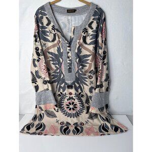 Reborn Floral Long Sleeve Tunic Dress With Buttoned Neckline & Grey Accents XL